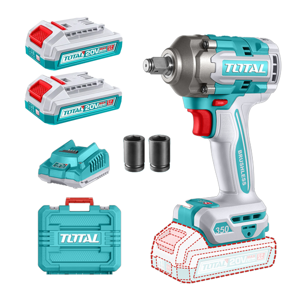 PISTOLA IMPACTO INALAMBRICO 1/2 20V 350NM INCLUYE 2 BATERIAS 1 CARGADOR Y 2 COPAS ,19,21 MM INDUSTRIAL SUPER TOTAL (UTIWLI2035)