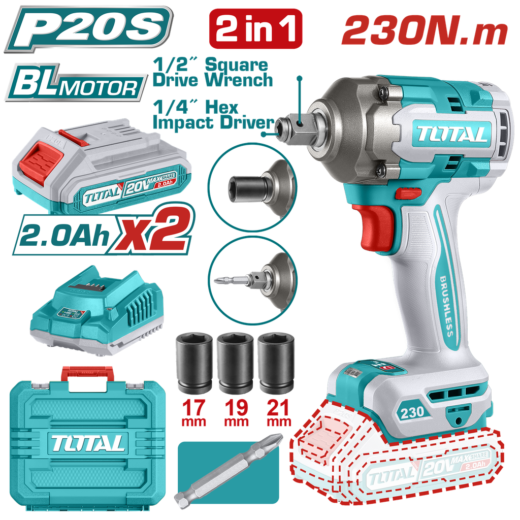 PISTOLA IMPACTO 20V 230 NM  INCLUYE 2 BATERIAS 1 CARGADOR COPAS DE 17,19,21 Y PUNTA DESTORNILLADOR INDUSTRIAL SUPER TOTAL(UTIWLI20236A)