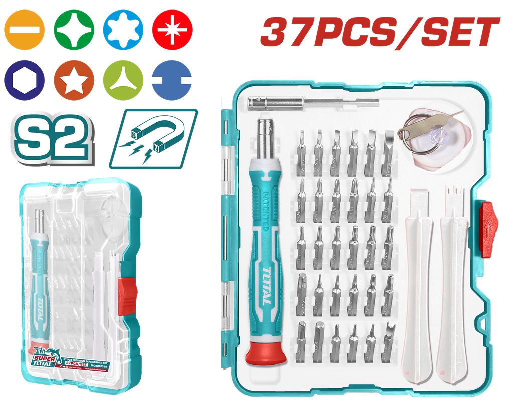 JUEGO DE DESTORNILLADORES PUNTAS INTERCAMBIABLES  IMANTADAS X 37 PZS TOTAL (TACSD30376)