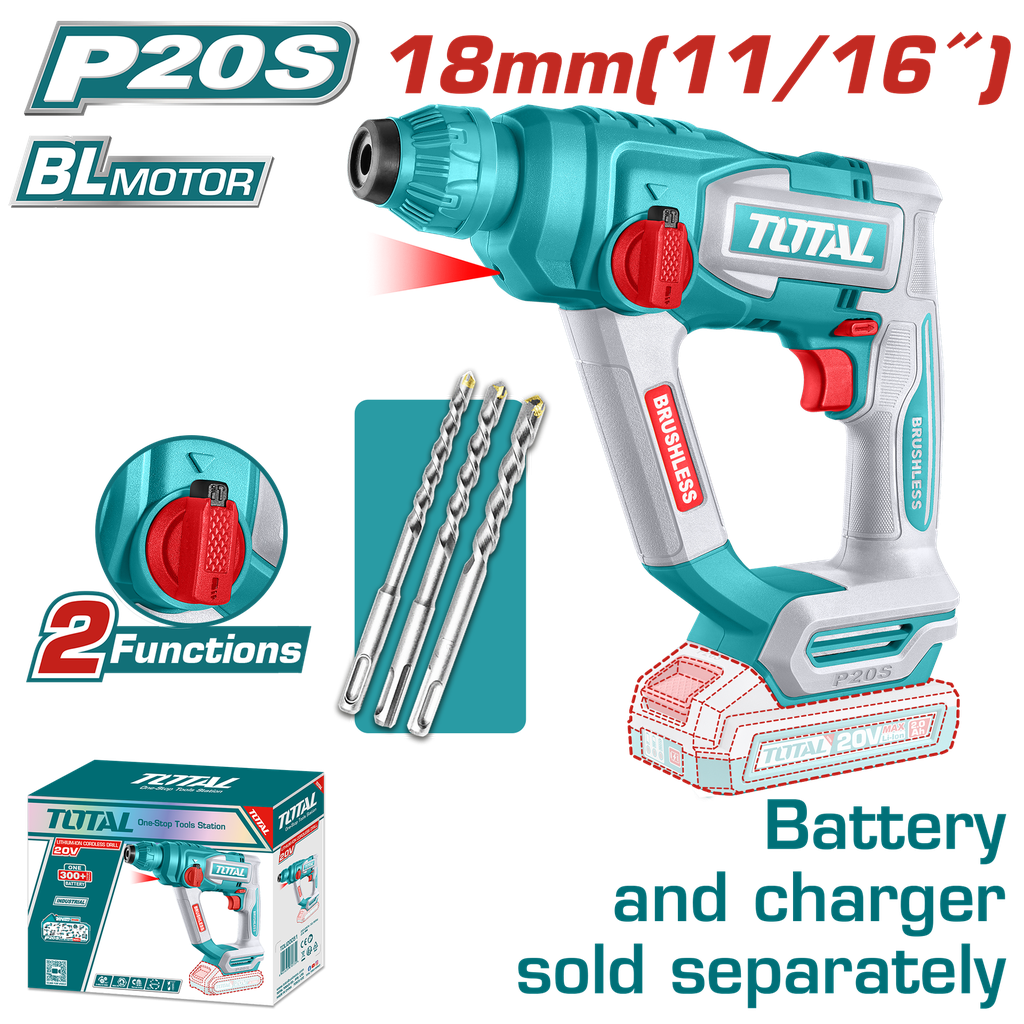 TALADRO INALAMBRICO ROTOMARTILLO SDS PLUS 11/16 BATERIA Y CARGADOR NO INCLUIDO SUPER TOTAL  (TRHLI20188)