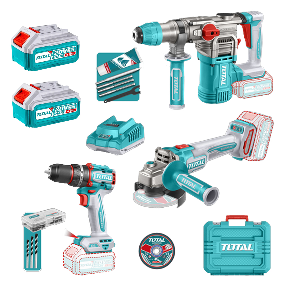 COMBO INALAMBRICO 20V  X 3 PZS TALADRO ATORNILLADOR INALAMBRICO 1/2 66 NM +  PULIDORA INALAMBRICA 4 1/2 + TALADRO ROTOMARTILLO SDS PLUS  4.5 JULES  INLCUYE 2 BATERIAS 5.0AH , 1 CARGADOR , 10 DISCOS DE CORTE Y 47 ACCESORIOS INDUSTRIAL SUPER TOTAL (UTOSLI241183)