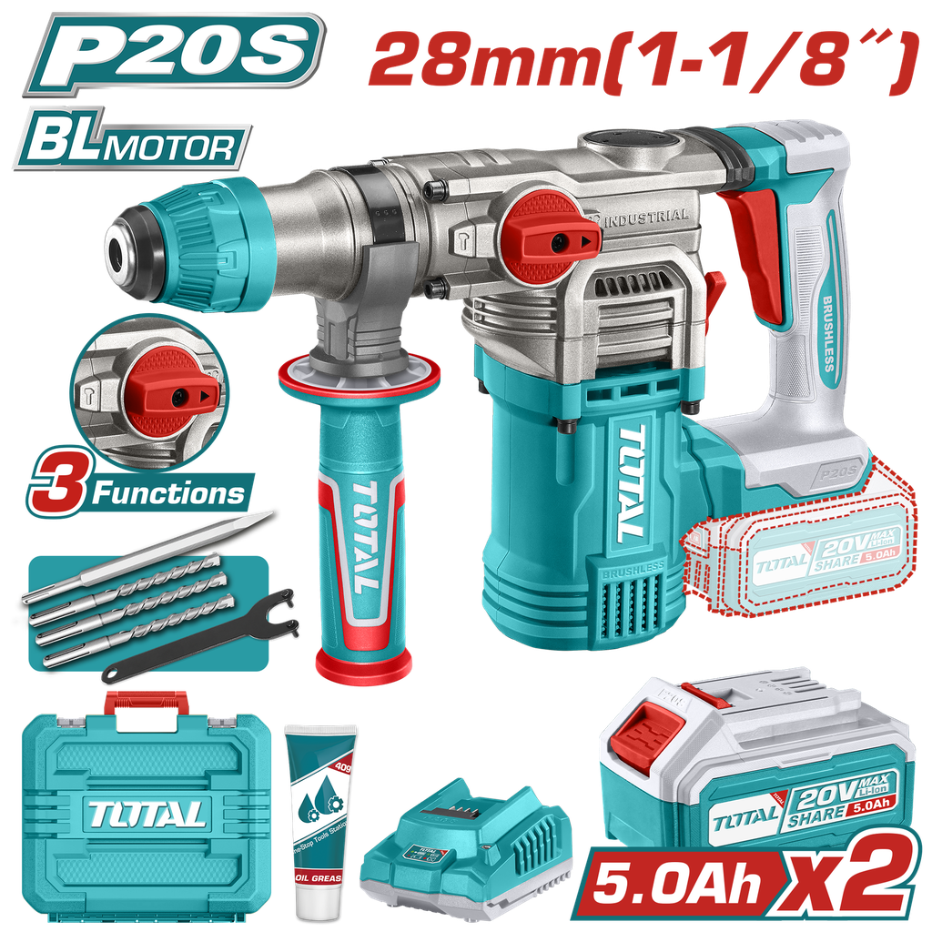 TALADRO ROTOMARTILLO SDS PLUS  4.5 JULES INCLYE  2 BATERIAS 5.0 AH, 1 CARGADOR  Y ACCESORIOS INDUSTRIAL SUPER TOTAL (UTRHLI202885)