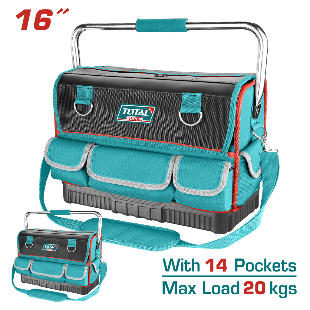BOLSO DE HERRAMIENTAS 16 REFORZADO CON MANIJA METALICA CAPACIDAD MAXIMA 20KG INDUSTRIAL SUPER TOTAL (THT66L12)