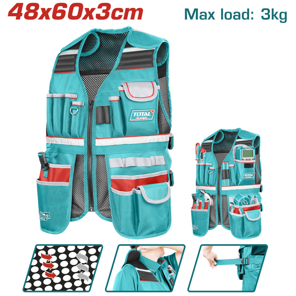 CHALECO PORTA  HERRAMIENTA DE 17 BOLSILLOS INDUSTRIAL CAPACIDAD MAXIMA 3KG SUPER TOTAL (TTVT16025)