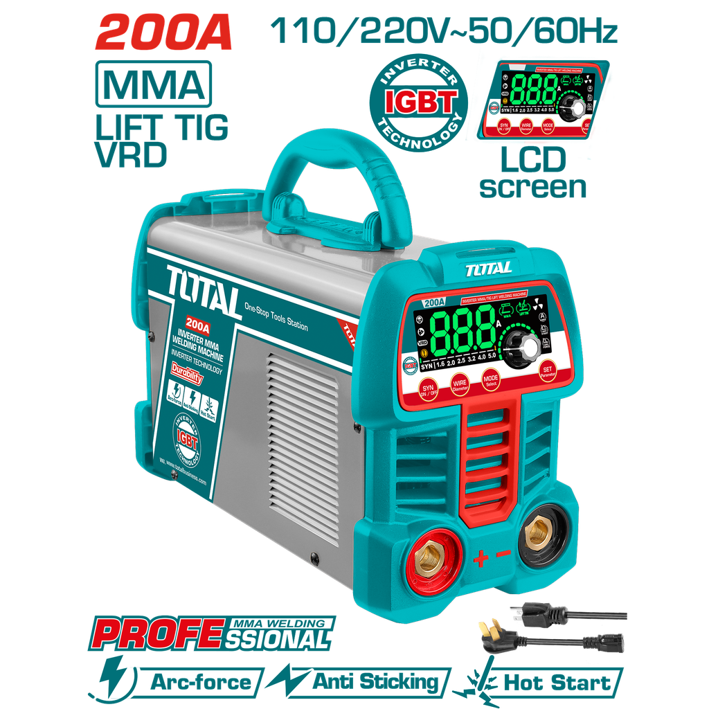 SOLDADOR INVERSOR DIGITAL 200A (MMA-LIFT TIG-VRD) 110-120V INDUSTRIAL SUPER TOTAL (UTW2200691)