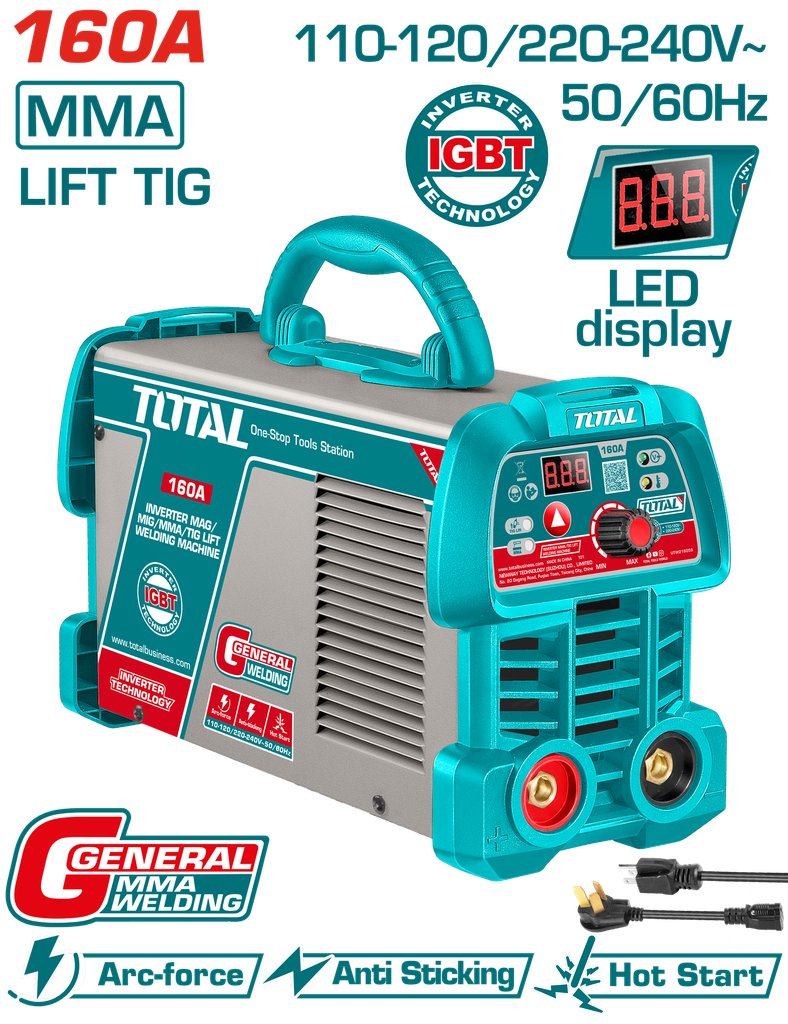 SOLDADOR INVERSOR DIGITAL 160A (MMA-LIFT TIG) 110-120V INDUSTRIAL SUPER TOTAL (UTW216059)