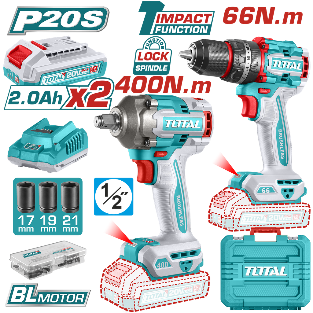 COMBO INALAMBRICO TALADRO 1/2" 66 N.M + PISTOLA DE IMPACTO 1/2" 20V 400 N.M  INCLUYE 2 BATERIA 2.0AH , 1 CARGADOR Y ACCESORIOS SUPER TOTAL (UTCKLI20275)
