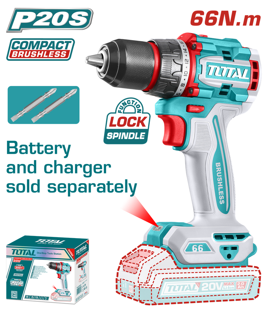 TALADRO INALAMBRICO  PERCUTOR 1/2 20V 66 N.M INCLUYE 2 PUNTA TALADRO  BATERIA Y CARGADOR SE VENDE POR SEPARADO INDUSTRIAL SUPER TOTAL (TDLI206681)