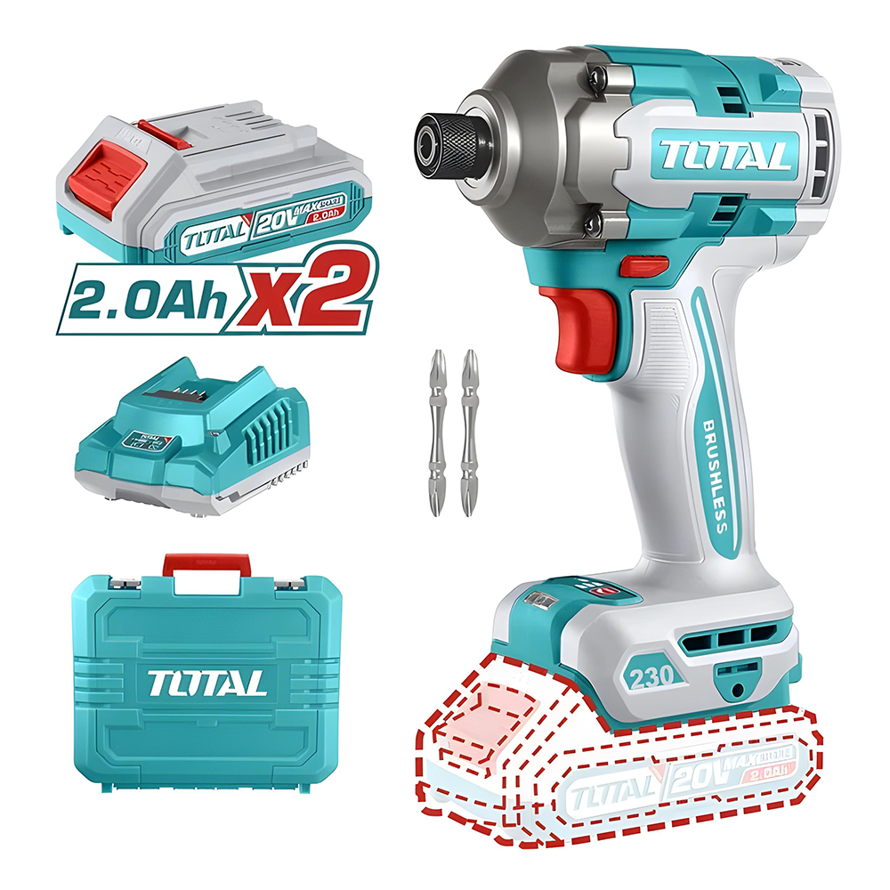 ATORNILLADOR DE IMPACTO INALAMBRICO 1/4 20V 230NM  INCLUYE 2 BATERIAS, 2 PUNTA TALADRO INDUSTRIA  SUPER TOTAL (UTIRLI2023)