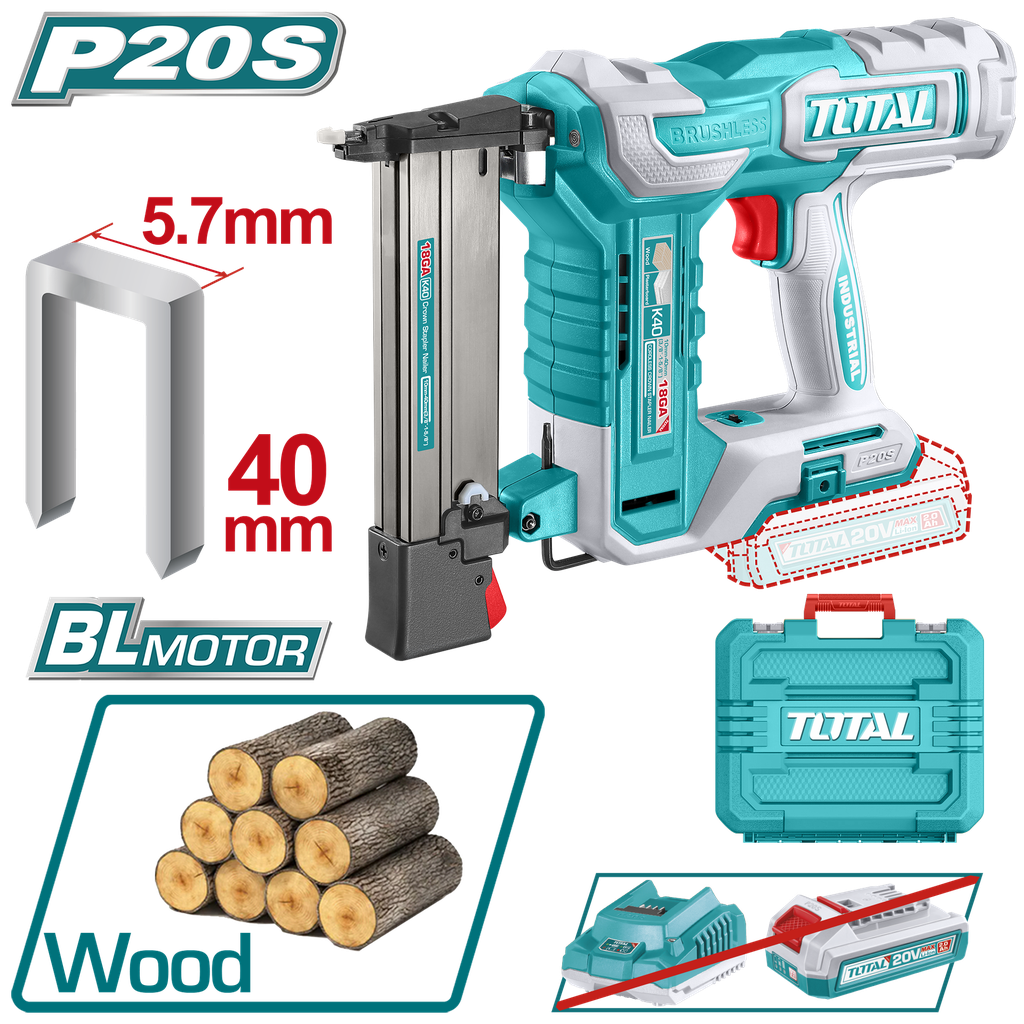 CLAVADORA + GRAPADORA INALAMBRICA 20V (5.7X40MM) NO INCLUYE BATERIA Y CARGADOR INDUSTRIAL SUPER  TOTAL (TCSNLI6005)