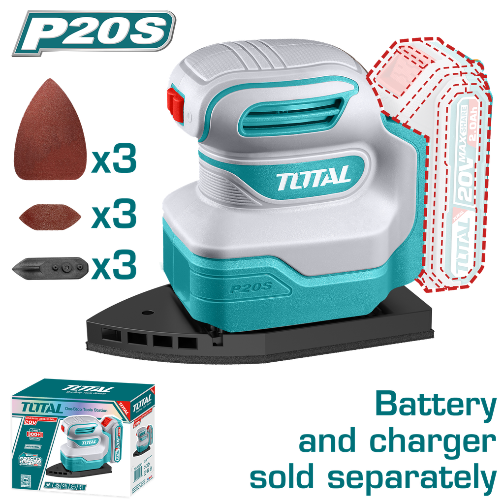 LIJADORA DE PALMA ORBITAL  ROTATIVA   INALAMBRICA 20V 12000 RPM INCLUYE 9 LIJAS INDUSTRIAL  SUPER  TOTAL (TPSLI2014)