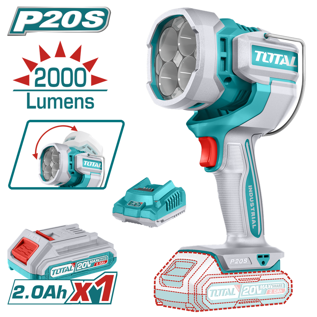 LAMPARA DE TRABAJO INALAMBRICA 2000 LUMENES 20V INCLUYE BATERIA 2,0AH  Y CARGADOR INDUSTRIAL SUPER TOTAL (UTWLI20881)