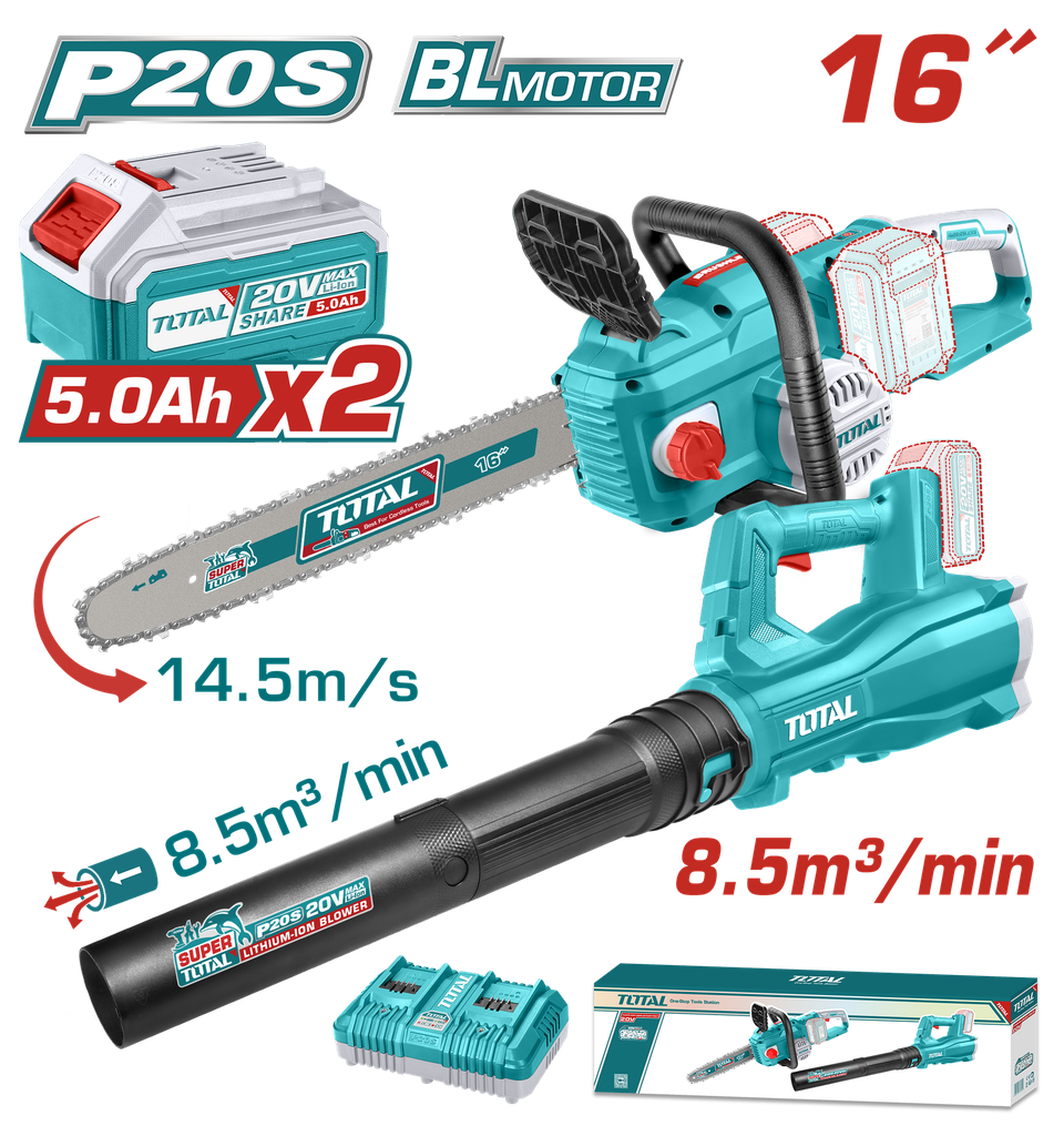 JUEGO DE MOTOSIERRA Y SOPLADORA INALAMBRICA 20V INCLUYE 2 BATERIAS 5,0 AH  Y CARGADOR DOBLE INDUSTRIAL SUPER  TOTAL (UTOSLI240463)