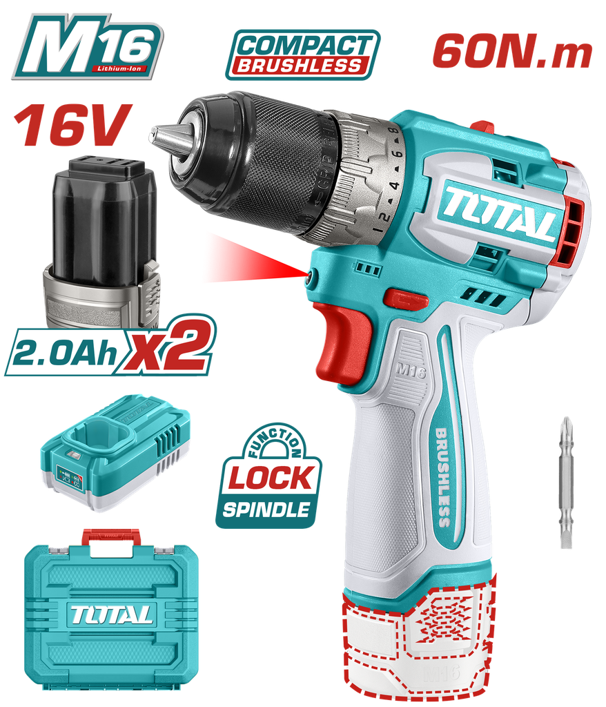 TALADRO INALAMBRICO 1/2 16V 60NM INCLUYE 2 BATERIAS 2,0AH Y CARGODOR  INDUSTRIAL SUPER TOTAL (UTDLI16682)