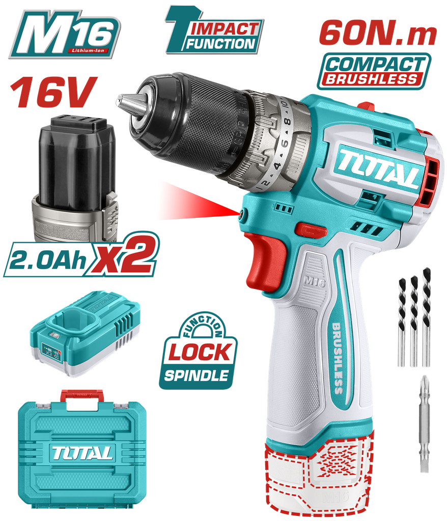 TALADRO INALAMBRICO PERCUTOR 1/2 16V 60NM INCLUYE 2 BATERIAS 2,0AH Y CARGODOR  INDUSTRIAL SUPER TOTAL (UTIDLI16682)