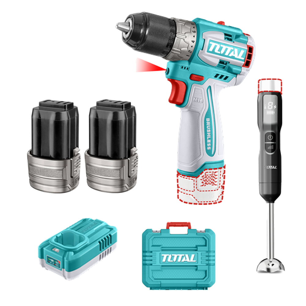 TALADRO INALAMBRICO 1/2 16V 60NM INCLUYE 2 BATERIAS 2,0AH + CARGODOR  + BATIDORA DE MANO INDUSTRIAL SUPER TOTAL (UTCKLI1628)