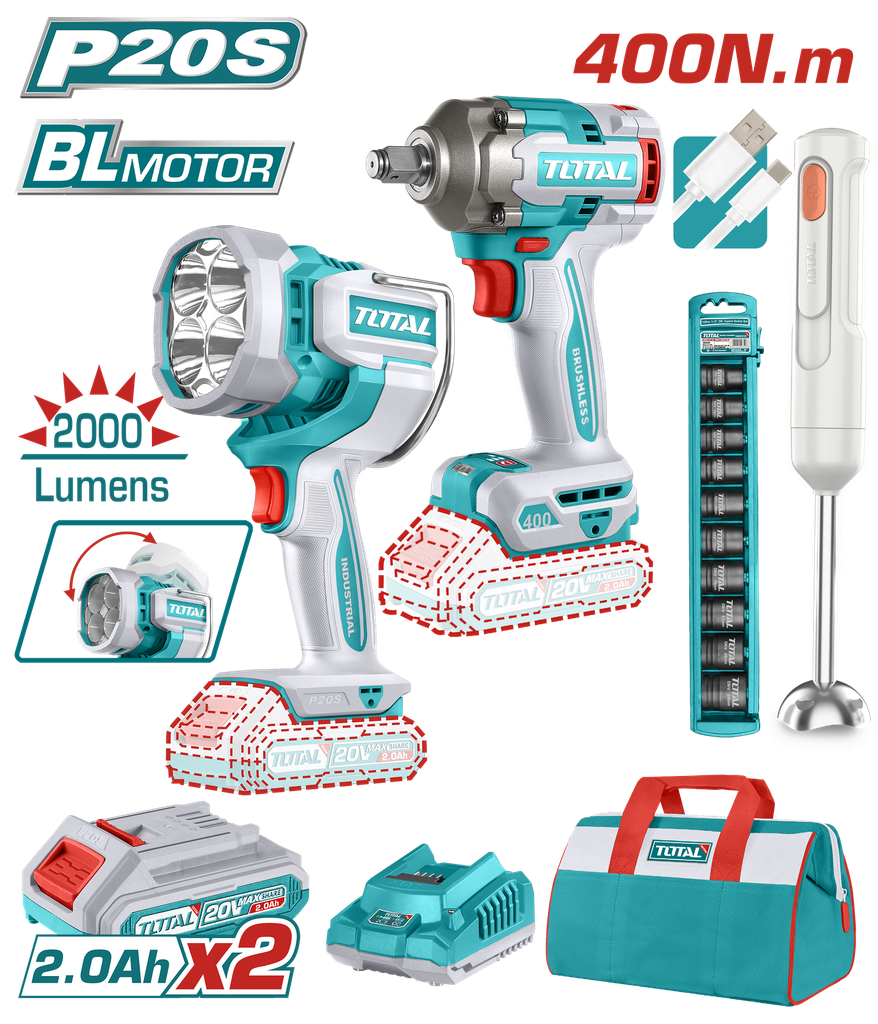 COMBO INALAMBRICO 20V PISTOLA IMPACTO INALAMBRICA 1/2 400 NM + LAMPARA DE TRABAJO INALAMBRICA 2000 LUMENES + BATIDORA RECARGABLE  INCLUYE 2 BATERIAS 2.0 AH, CARGADOR Y COPAS INDUSTRIAL SUPER TOTAL ( UTOSLI240961)  