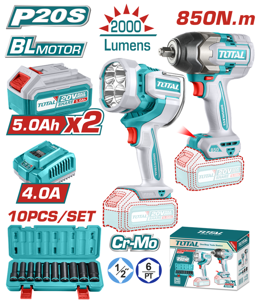 COMBO INALAMBRICO 20V PISTOLA IMPACTO INALAMBRICA 1/2 850 NM + LAMPARA DE TRABAJO INALAMBRICA 2000 LUMENES +  JUEGO DE COPA ( 10-24MM)  INCLUYE 2 BATERIAS 5.0 AH, CARGADOR Y  SUPER TOTAL ( UTOSLI241181)  