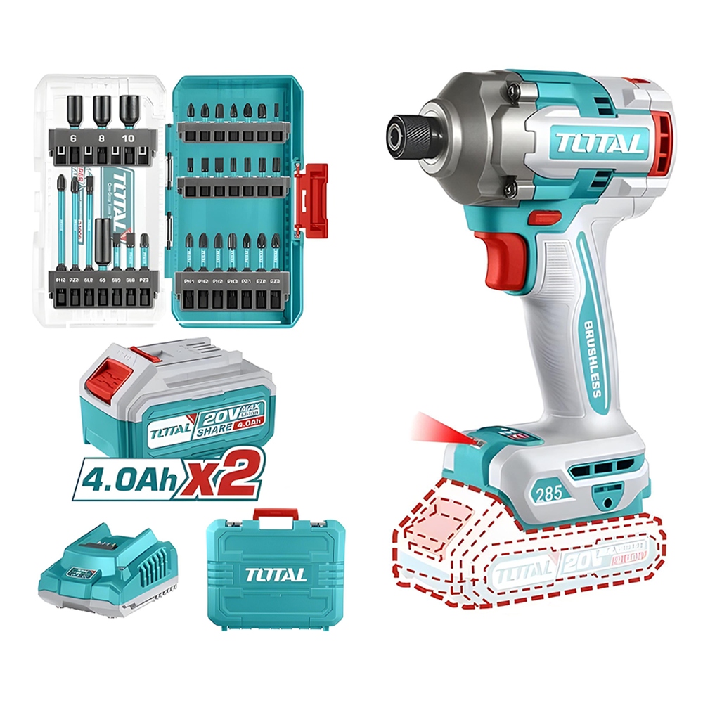 PISTOLA IMPACTO INALAMBRICA 1/4 20V 285NM  + JUEGO DE PUNTAS X 31 PZS INCLUYE 2 BATERIAS 4.0AH  Y CARGADOR  INDUSTRIAL SUPER TOTAL (UTOSLI240966)