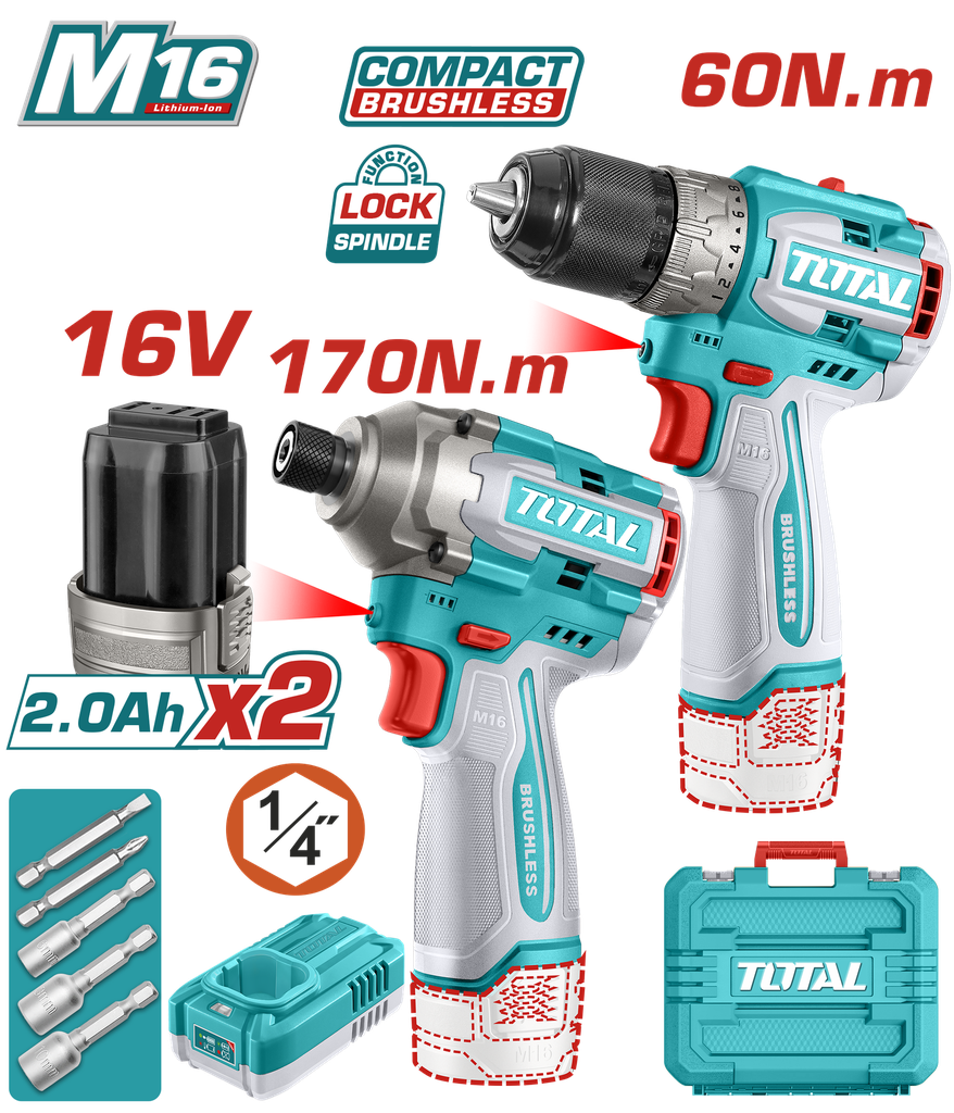 COMBO INALAMBRICO  16V TALADRO 1/2" 60NM + ATORNILLADOR DE IMPACTO 170NM INCLUYE 2 BATERIAS, 1 CARGADOR  COPA TORNILLO INDUSTRIAL SUPER TOTAL (UTOSLI240968)