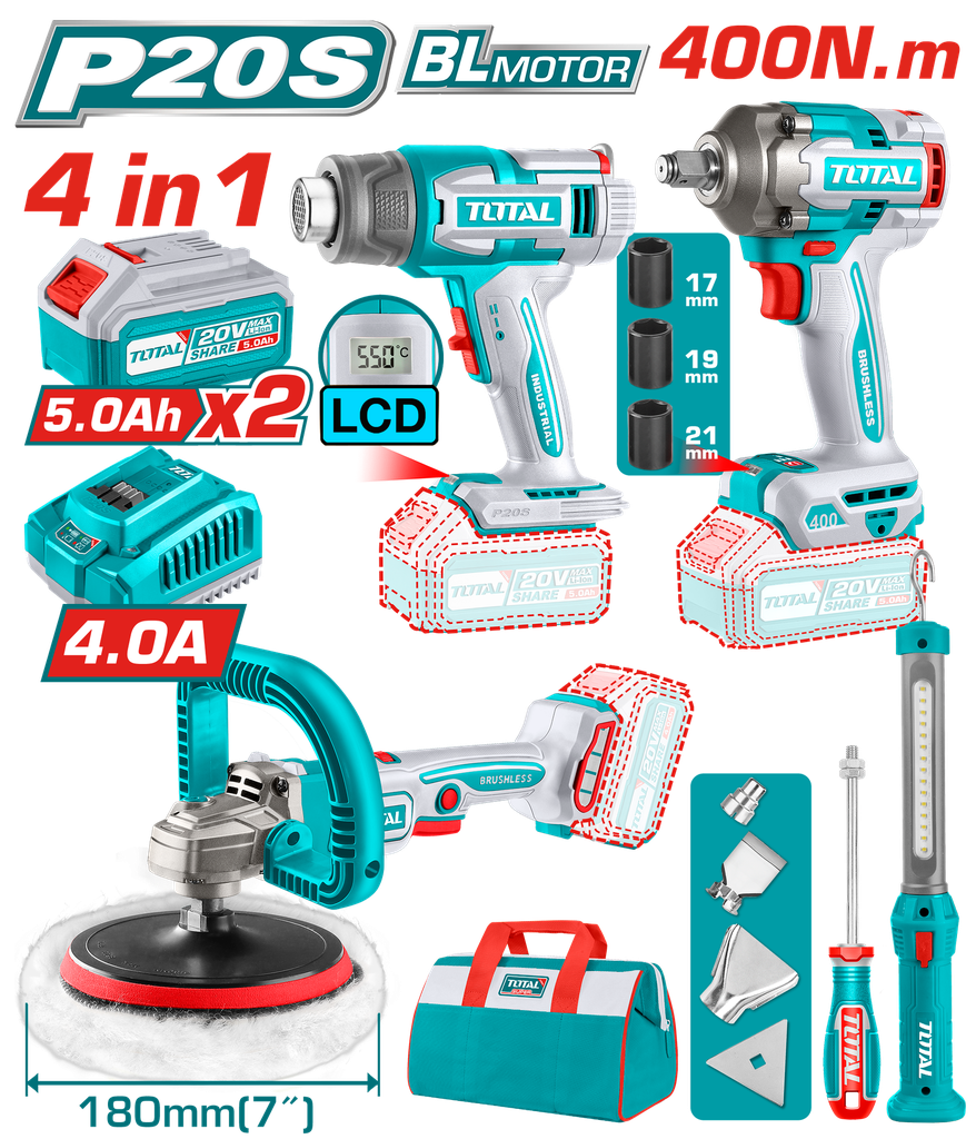COMBO INALAMBRICO 20V POLICHADORA  7" + PISTOLA IMPACTO 1/2 400 NM + PISTOLA CALOR + LAMPARA DE TRABAJO  300 LUMENES INCLUYE 2 BATERIAS 5.0AH, 1 CARGADOR  Y  ACCESORIOS INDUSTRIAL SUPER TOTAL (UTOSLI241182)
