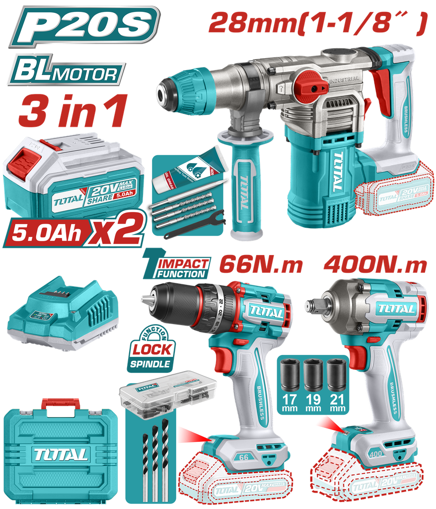 COMBO INALAMBRICO  20V  TALADRO  ATORNILLADOR 1/2" 66 NM  + PISTOLA DE IMPACTO 1/2" 400 NM + TALADRO ROTOMARTILLO SDS PLUS  4.5 JULES  INCLUYE 2 BATERIA 5.0AH , 1 CARGADOR Y ACCESORIOS  INDUSTRIAL  SUPER TOTAL (UTCKLI20638)