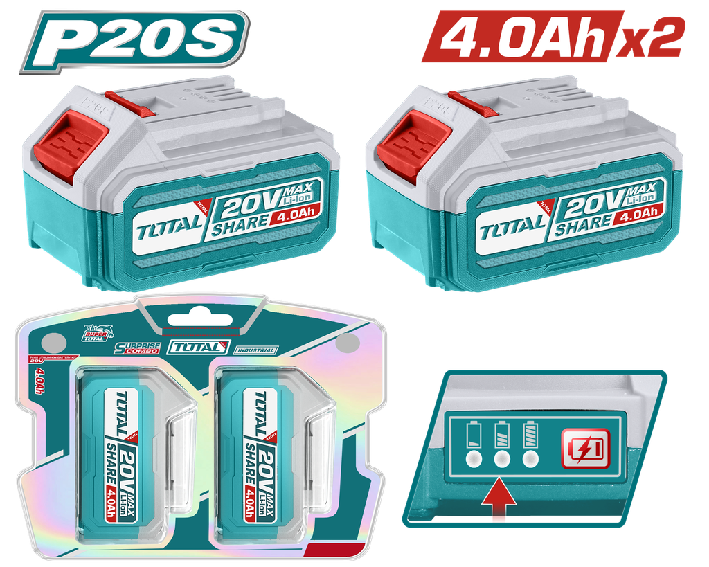 KIT DE 2 BATERIAS 4.0AH 20V ION LITHIUM  INDUSTRIAL SUPER TOTAL (TOSLI240312)