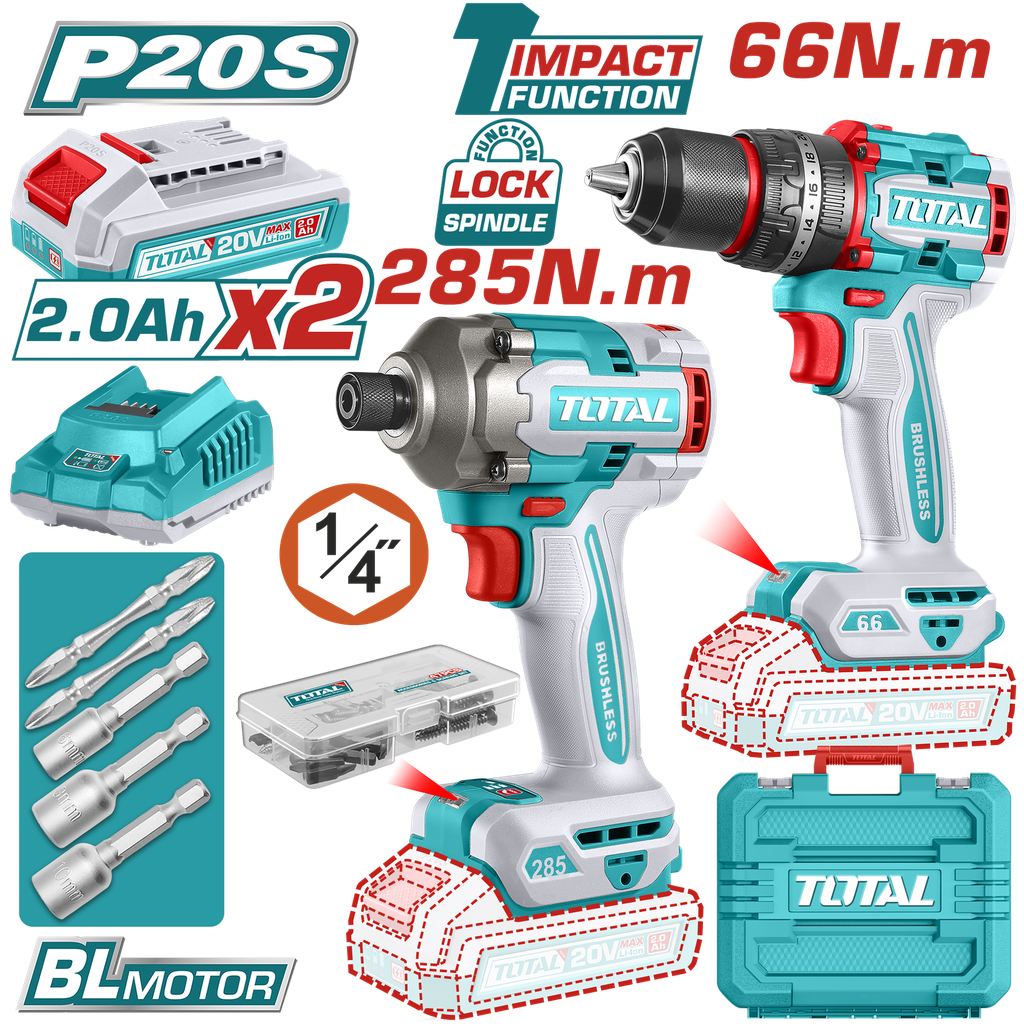 COMBO INALAMBRICO TALADRO 1/2" 66 N.M + ATORNILLADOR DE IMPACTO 1/4" 20V 285 N.M INCLUYE 2 BATERIA 2.0AH , 1 CARGADOR Y ACCESORIOS INDUSTRIAL SUPER TOTAL (UTCKLI20277)