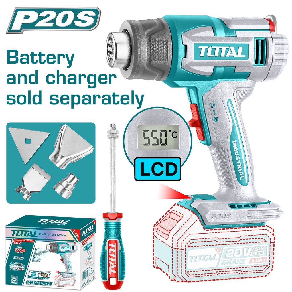 PISTOLA CALOR INALAMBRICA  20V CON TEMPERATURA AJUSTABLE PANTALLA LCD INCLUYE 4 BOQUILLAS 1 RASCADOR, BATERIA  Y CARGADOR  NO INCLUIDO INDUSTRIAL SUPER TOTAL (TBLI2003)