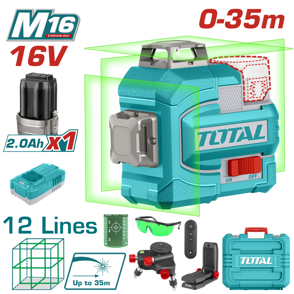 NIVEL LASER 0-35M  LUZ VERDE  3D 12 LINEAS 16V INDUSTRIAL SUPER TOTAL (UTLL301201)