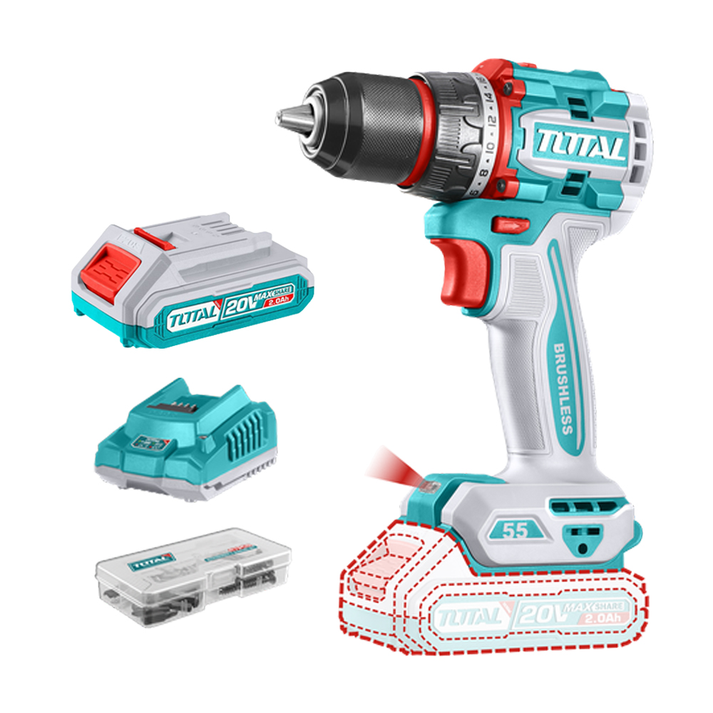 TALADRO ATORNILLADOR INALAMBRICO 1/2 20V 55NM INCLUYE 1 BATERIA DE 2.0AH, CARGADOR,47 ACCESORIOS TOTAL (UTDLI205582)