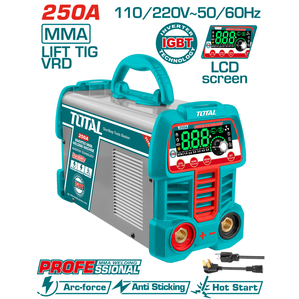 SOLDADOR INVERSOR DIGITAL 250A (MMA-LIFT TIG-VRD) 110-220V INDUSTRIAL SUPER TOTAL  (UTW225069)