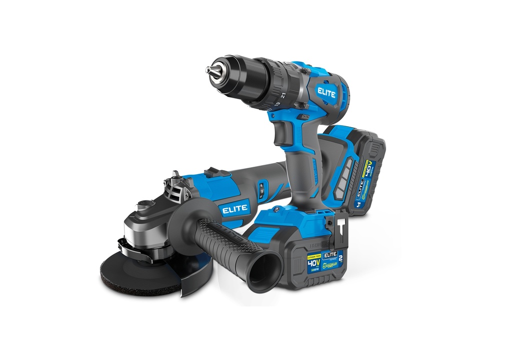 COMBO ELITE PULIDORA INALAMBRICA 4 1/2” - 5” + TALADRO PERCUTOR INALAMBRICO SIN ESCOBILLAS DE 1/2” INCLUYE 1 BATERIAS 2.0 AH - 40V + 1 BATERIA 4.0 AH - 40V + 1 CARGADOR 
