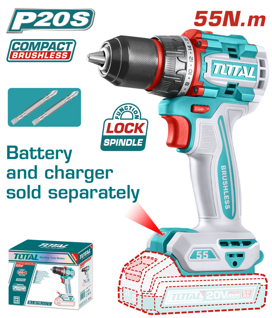 TALADRO INALAMBRICO 1/2" 20V 55 NM CARGADOR Y BATERIA NO INCLUIDO SUPER TOTAL (TDLI205581)