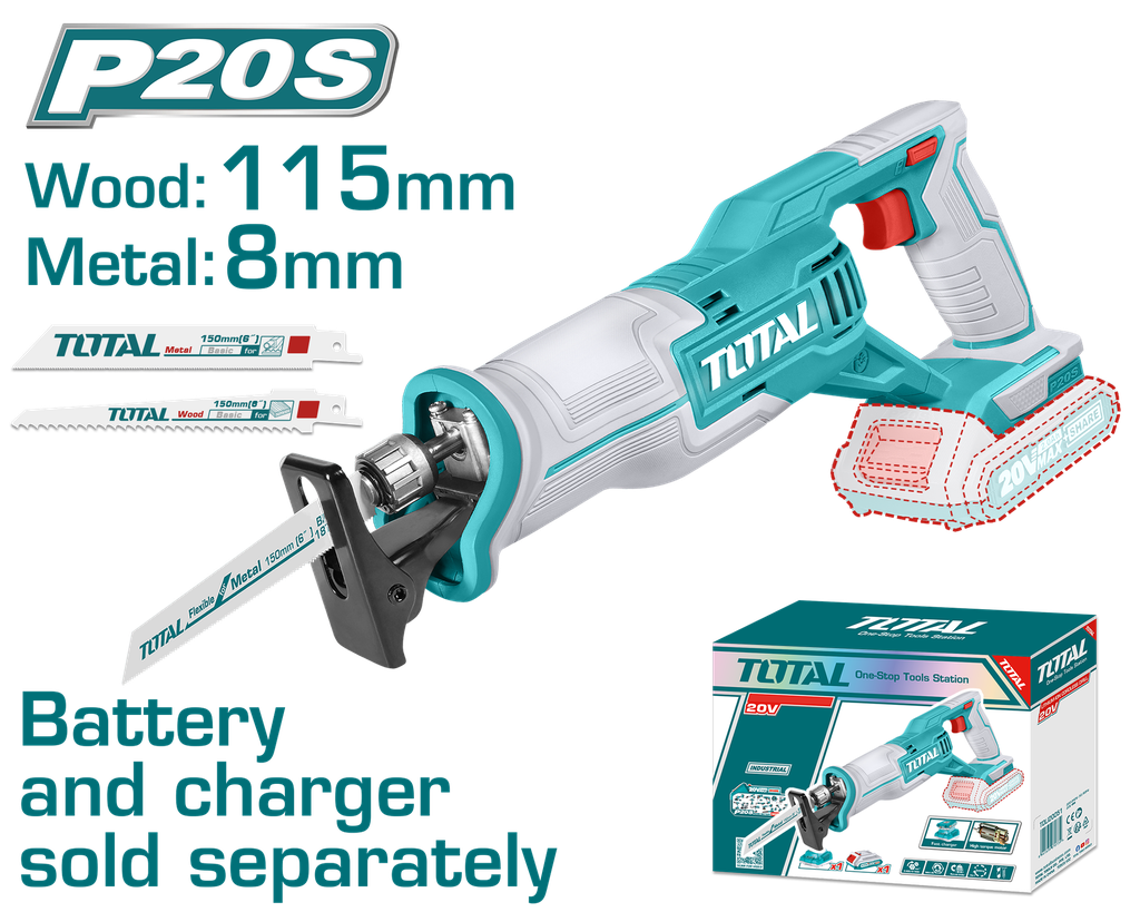 SIERRA SABLE INALAMBRICA 20V  (CAPACIDAD DE CORTE METAL:8MM-MADERA 115MM) INCLUYE DOS SEGUETAS, BATERIA Y CARGADOR NO INCLUIDO TOTAL (TRSLI1152)