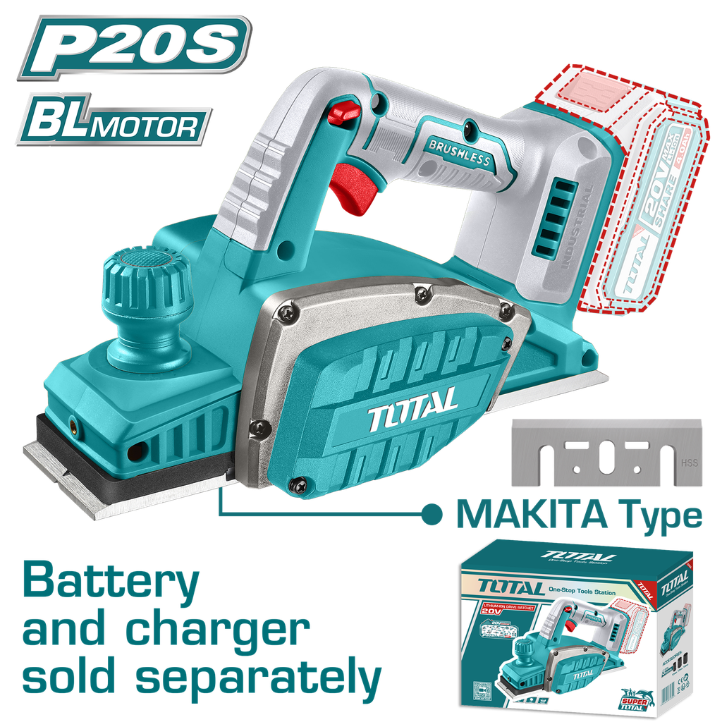 CEPILLO INALAMBRICO PARA MADERA 20V  INCLUYE GUIA Y LLAVE, BATERIA Y CARGADOR NO INCLUIDO INDUSTRIAL SUPER TOTAL (TRLI20401)