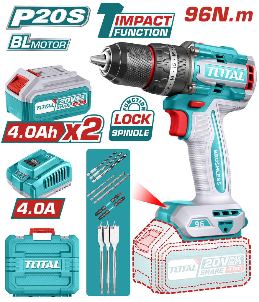 TALADRO INALAMBRICO PERCUTOR 1/2" 96N.M 20V CAJA PLASTICA INCLUYE 2 BATERIAS 20V (4.0 AH), 1 CARGADOR Y ACCESORIOS INDUSTRIAL SUPER TOTAL (UTIDLI20968)