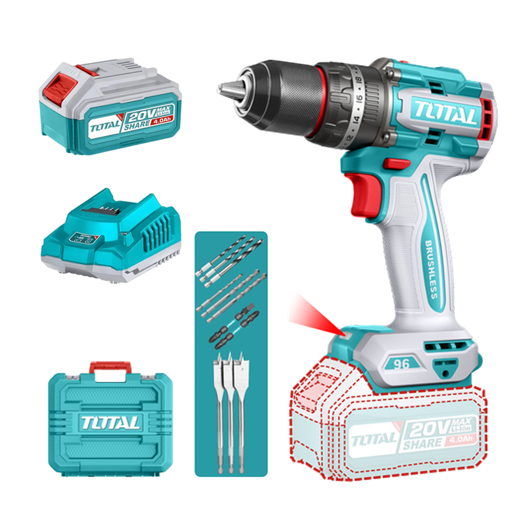 TALADRO INALAMBRICO PERCUTOR 1/2" 96NM 20V CAJA PLASTICA INCLUYE 2 BATERIAS 20V (4.0 AH), 1 CARGADOR Y ACCESORIOS INDUSTRIAL SUPER TOTAL (UTIDLI20968)