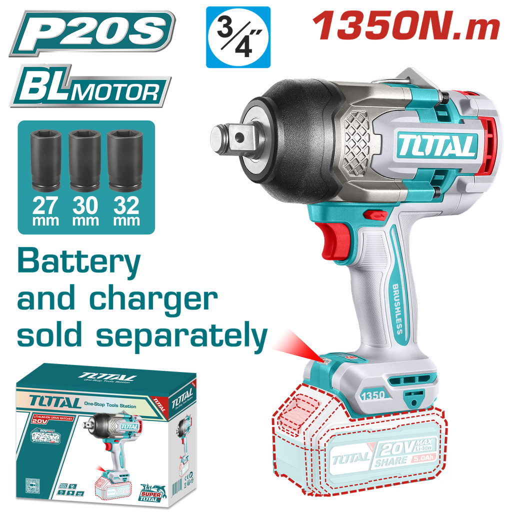 PISTOLA IMPACTO INALAMBRICA 3/4 20V 1350 NM  INCLUYE 3 COPAS 27,30,32 MM, CARGADOR Y BATERIA SE VENDEN POR SEPARADO INDUSTRIAL SUPER TOTAL (TIWLI201351)