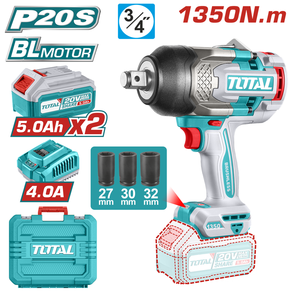 PISTOLA IMPACTO INALAMBRICA 3/4 20V 1350 NM INCLUYE 2 (5.0 AH) BATERIAS 1 CARGADOR Y 3 COPAS 27,30,32 MM INDUSTRIAL SUPER TOTAL (UTIWLI20135)