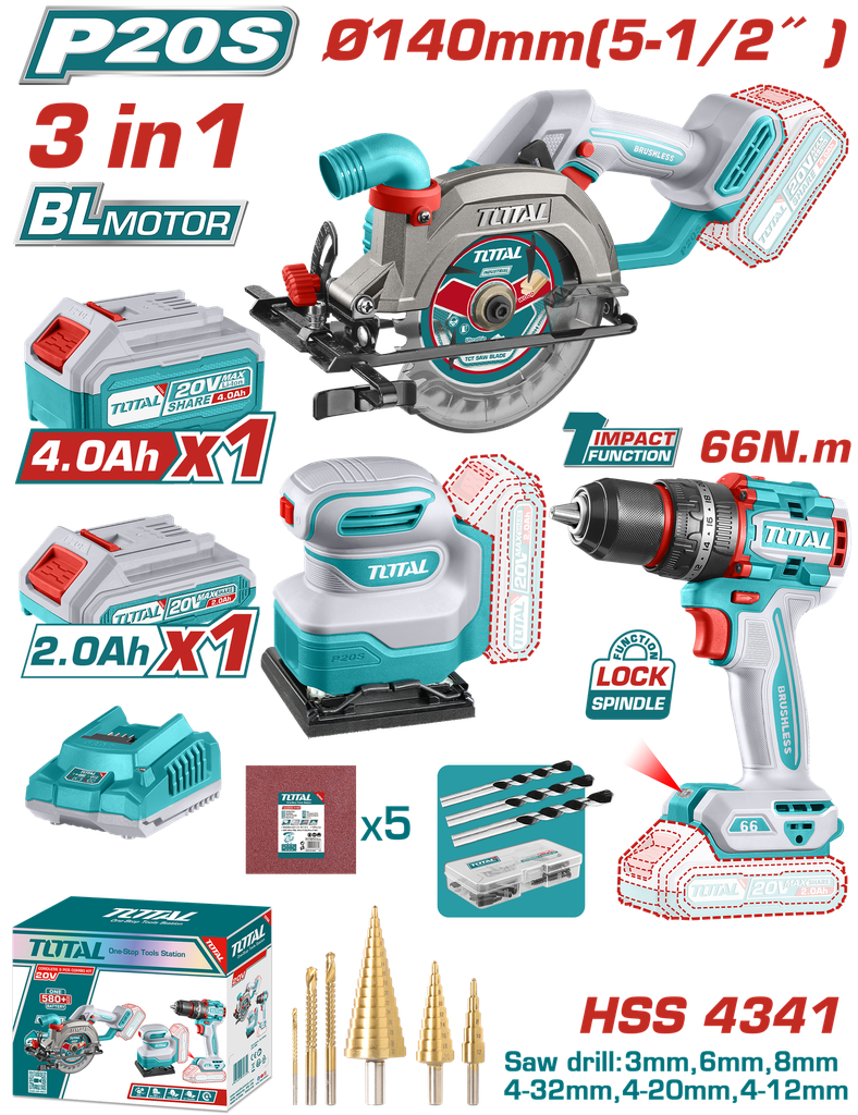 COMBO INALAMBRICO  20 V SIERRA CIRCULAR I 5-1/2 +TALADRO PERCUTOR ATORNILLADOR 1/2 66 NM + LIJADORA DE PALMA 4 3/8"X 4" + 1 BATERIA 4.0 AH + 1 BATERIA 2.0 AH + ACCESORIOS INDUSTRIAL SUPER TOTAL (UTOSLI241193)