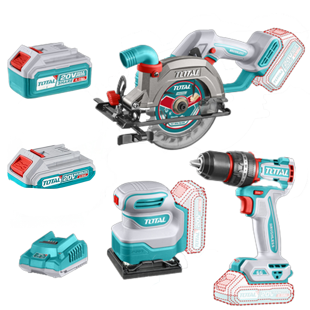 COMBO INALAMBRICO  20 V SIERRA CIRCULAR I 5-1/2 +TALADRO PERCUTOR ATORNILLADOR 1/2 66 NM + LIJADORA DE PALMA 4 3/8"X 4" + 1 BATERIA 4.0 AH + 1 BATERIA 2.0 AH + ACCESORIOS INDUSTRIAL SUPER TOTAL (UTOSLI241193)