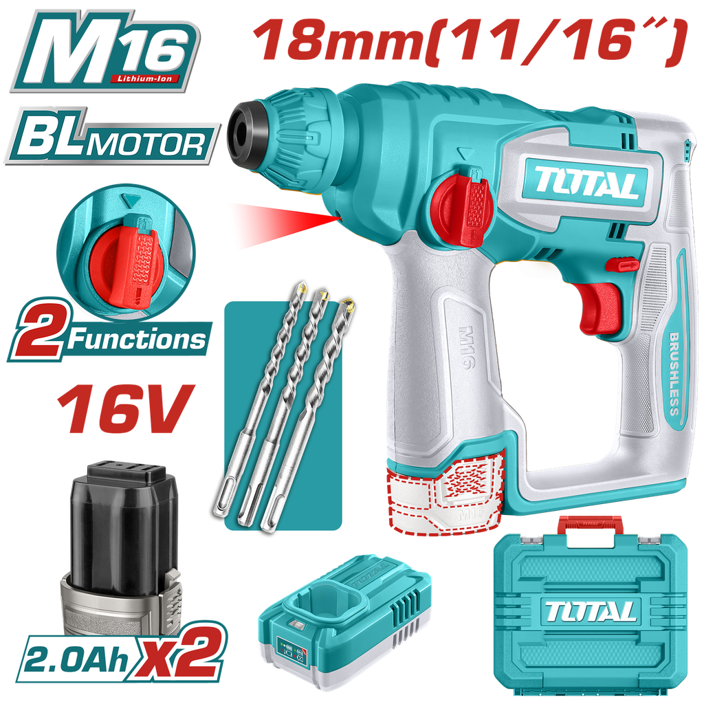 TALADRO INALAMBRICO ROTOMARTILLO SDS PLUS 11/16" 16V + 3 BROCAS INCLUYE 2 BATERIAS (2.0AH)  Y 1 CARGADOR INDUSTRIAL SUPER TOTAL (UTRHLI16168)
