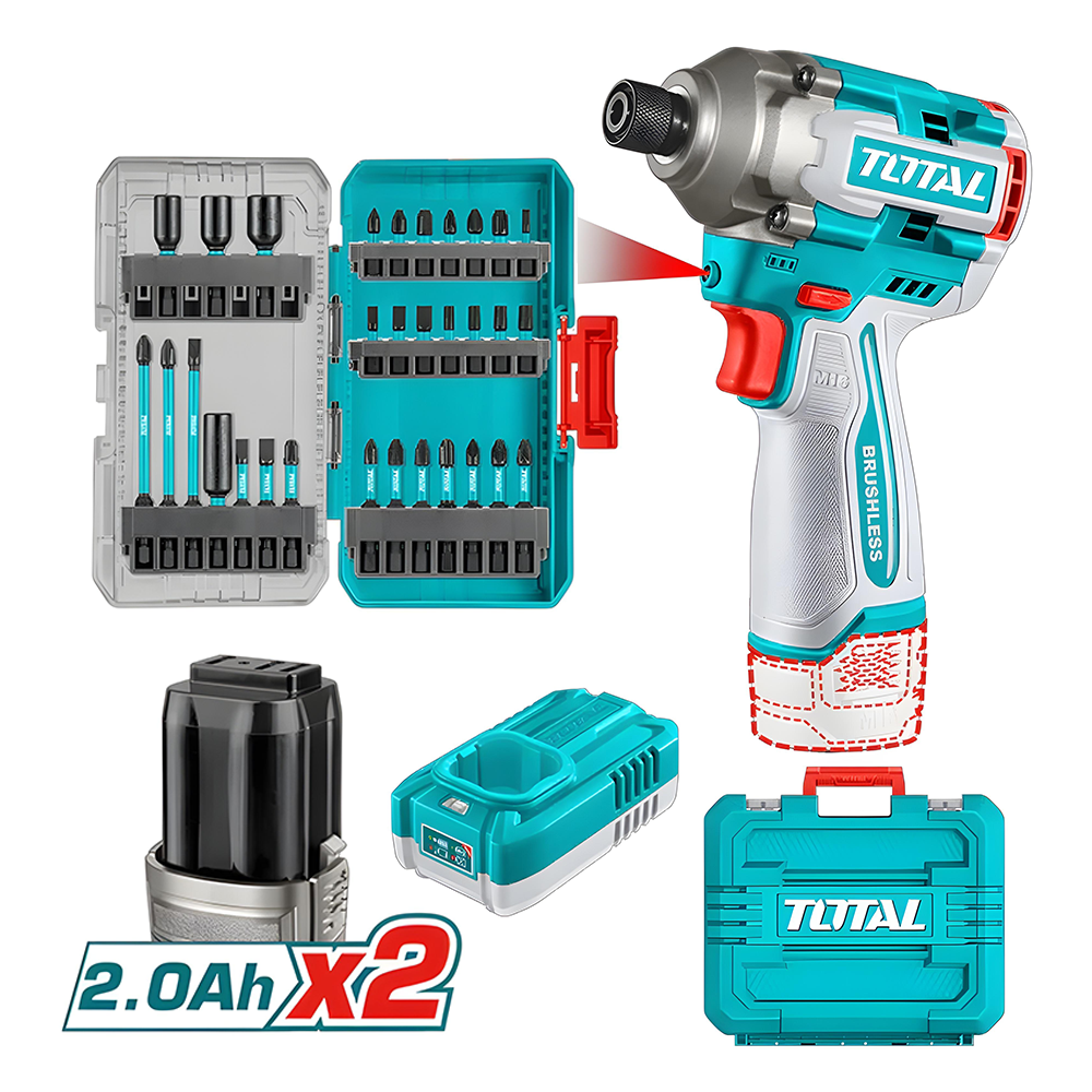 ATORNILLADOR DE IMPACTO INALAMBRICO 1/4 170NM 16V + 31 ACCESORIOS  INCLUYE 2 BATERIAS (2.0AH)  Y CARGADOR INDUSTRIAL SUPER TOTAL (UTOSLI241083)