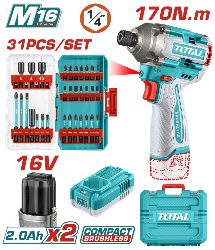 ATORNILLADOR DE IMPACTO INALAMBRICO 1/4 170NM 16V + 31 ACCESORIOS  INCLUYE 2 BATERIAS (2.0AH)  Y CARGADOR INDUSTRIAL SUPER TOTAL (UTOSLI241083)