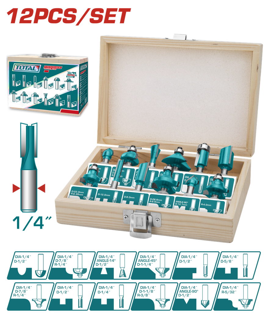 JUEGO DE 12 FRESAS PARA RUTEADORA 1/4 SUPER TOTAL (TACSR0104121)