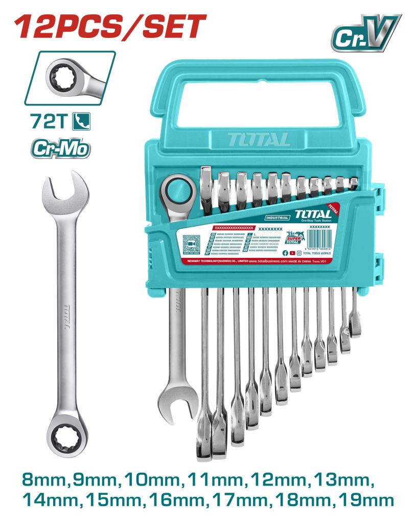LLAVE MIXTA CON RACHE  8 - 19 MM JUEGO X 12 PZS  INDUSTRIAL SUPER TOTAL (THT102RK0126)