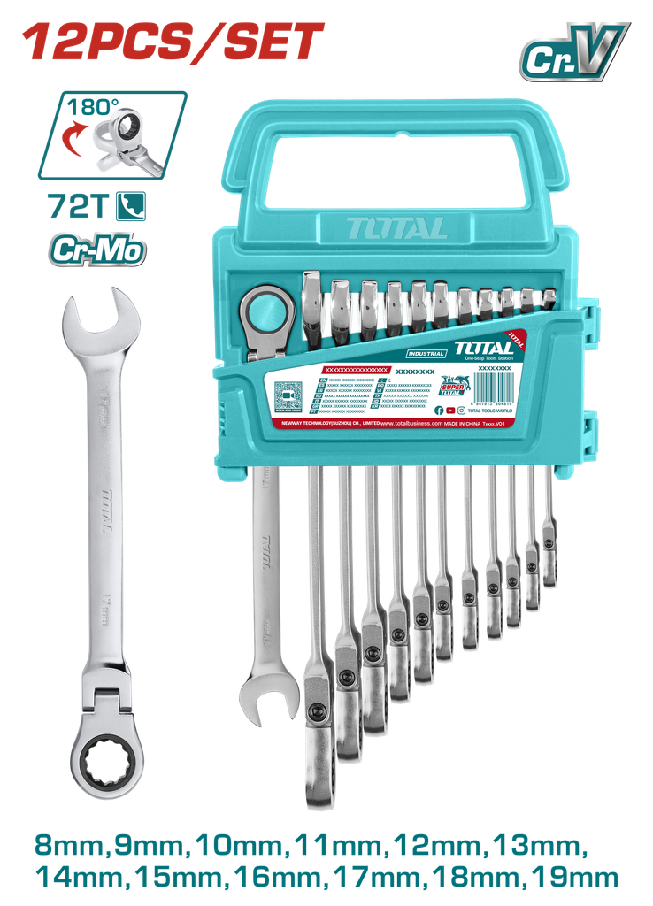 LLAVE MIXTA CON RACHE FLEXIBLE 8 - 19 MM JUEGO X 12 PZS  INDUSTRIAL SUPER TOTAL (THT102RK5126)