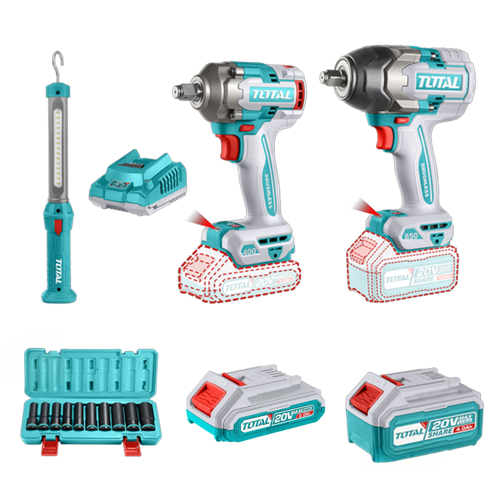 COMBO INALAMBRICO 20V PISTOLA IMPACTO INALAMBRICO 1/2 850 N.M + PISTOLA IMPACTO INALAMBRICA 1/2 400 N.M + LAMPARA DE TRABAJO 300 LUMENES RECARGABLE + 10 COPAS 1/2 (10-24MM) + 1 BATERIA 4.0 AH + 1 BATERIA 2.0 AH Y CARGADOR INDUSTRIAL SUPER TOTAL (UTOSLI241195)