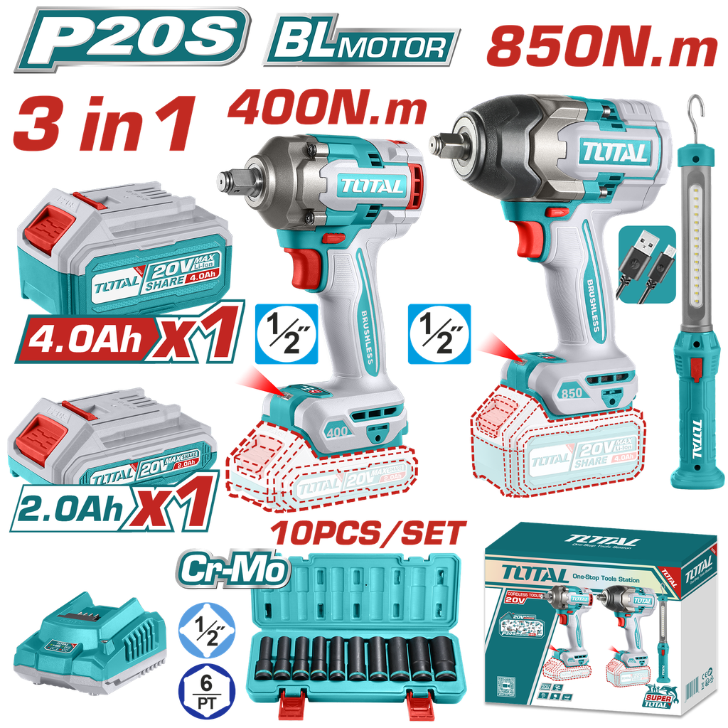 COMBO INALAMBRICO 20V PISTOLA IMPACTO INALAMBRICO 1/2 850 NM + PISTOLA IMPACTO INALAMBRICA 1/2 400 NM + LAMPARA DE TRABAJO 300 LUMENES RECARGABLE + 10 COPAS 1/2 (10-24MM) + 1 BATERIA 4.0 AH + 1 BATERIA 2.0 AH Y CARGADOR INDUSTRIAL SUPER TOTAL (UTOSLI241195)